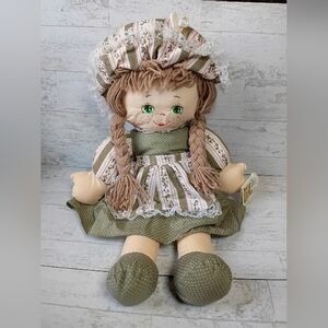 Vintage 80s Adorable Rag Doll with Green Dress and Hat Yarn Light Brown Hair